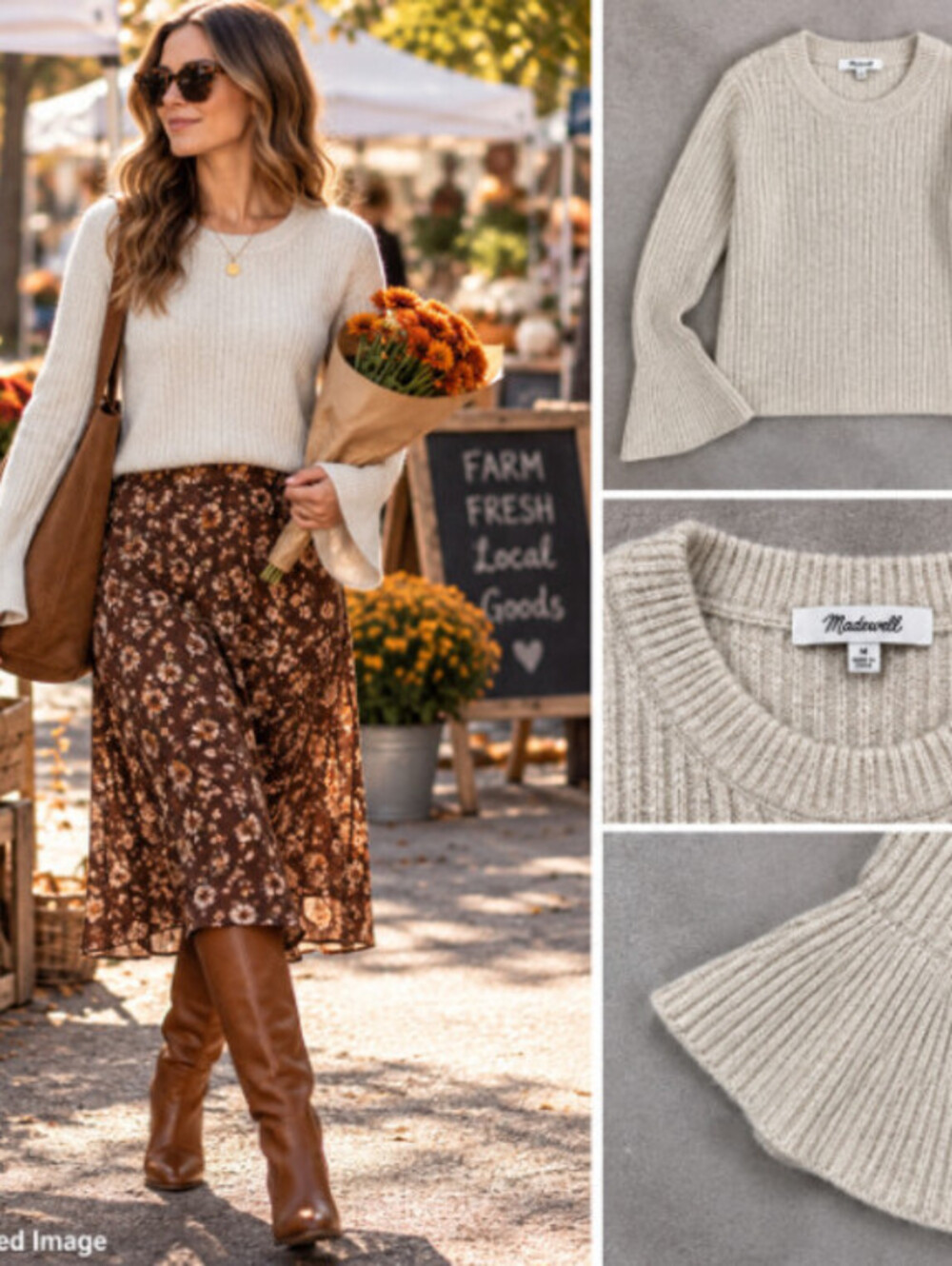 Madewell Ruffle Cuff Pullover Sweater M Heather Oak Wool Blend Ribbed K5771
